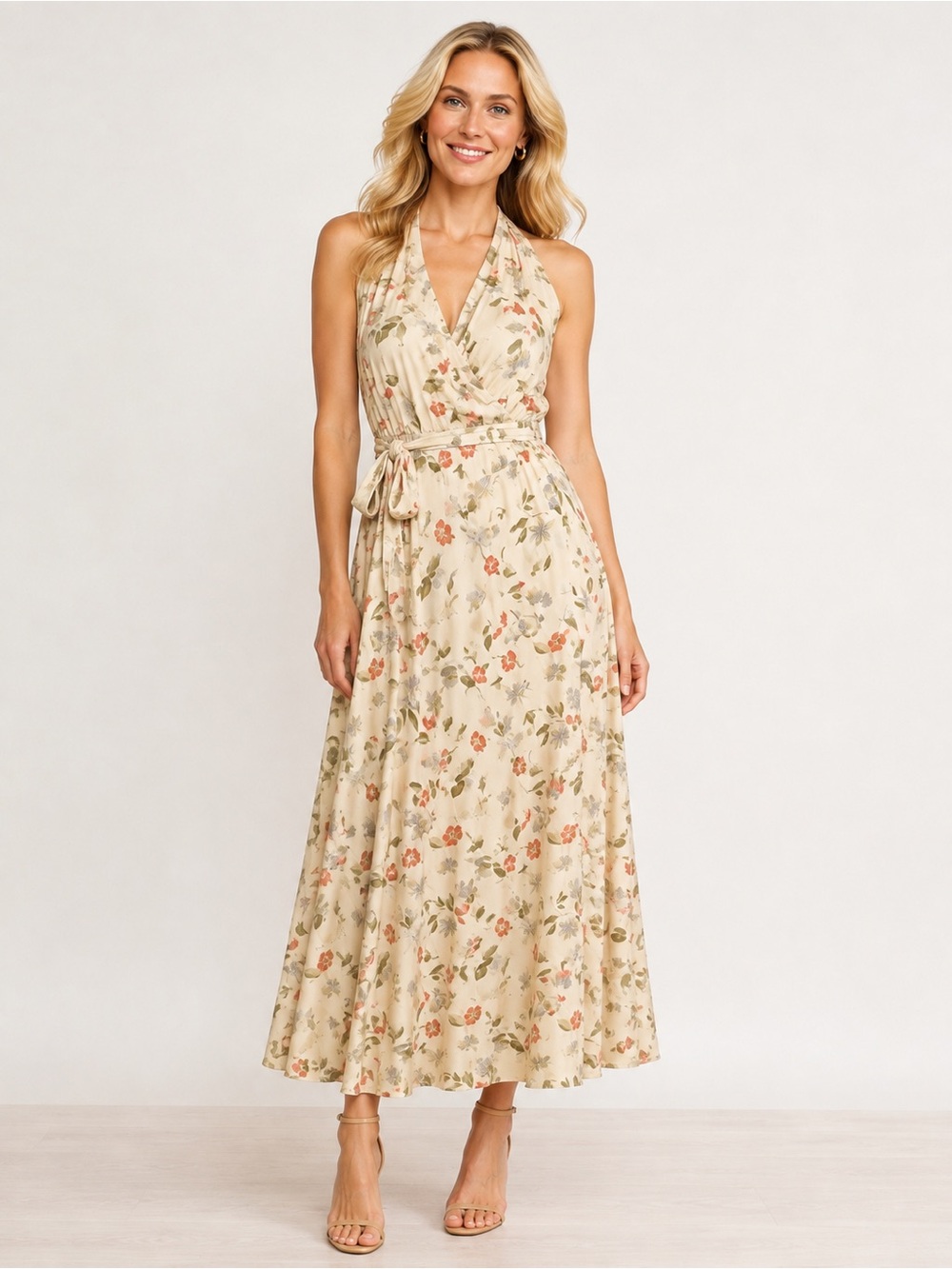 J. McLaughlin Cream Floral Halter Sleeveless Tea Length Belted Wrap Dress - Sz 6